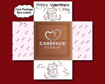 May include: An open cardboard box with a Valentine's Day theme. The box has a brown interior and white exterior panels. The panels are decorated with a repeating pattern of small red hearts and paw prints. The top panel has the text "Happy Valentine's Day" and a drawing of a cat.
