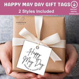 Étiquette-cadeau Joyeux 1er mai, étiquette volante carrée imprimable, étiquette d'étiquette de panier-cadeau, étiquettes d'emballage d'entretien pour friandises et cadeaux, merci