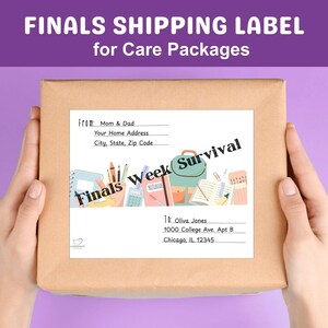 Etiqueta de envío para la semana de exámenes finales para caja de regalo, etiqueta de dirección de envío imprimible, dirección postal para estudiantes universitarios, descarga instantánea