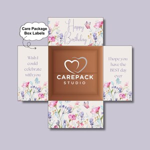 Etiqueta de paquete de cuidado con deseos de feliz cumpleaños para mujer, etiqueta de descarga instantánea con solapa de caja floral imprimible, etiqueta de guardería especial para hija, larga distancia