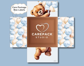 Baby Bear Theme Shower Printable Box Flaps Care Package Label Infant Boy Teddy Balloons Shower Theme Newborn Son Infant Gift New Parent