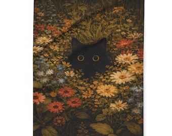Arctische fleecedeken verborgen zwarte kat in wilde bloemen | Bloemen kattenprint