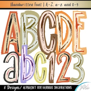 May include: A digital graphic set featuring the text Handwritten Font | A-Z, a-z and 0-9 at the top and 8 Designs/ ALPHABET FOR VARIOUS DECORATIONS at the bottom. The image displays uppercase letters A through E, lowercase a through c, and numbers 1 through 3.