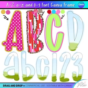Può includere: Un set digitale di lettere e numeri per cornici Canva con vari motivi, tra cui pois rosa, pennellate rosse e rosa, stampa leopardata e verde neon solido. Sono visualizzate le lettere A, B, C, D, a, b, c, 1, 2 e 3.