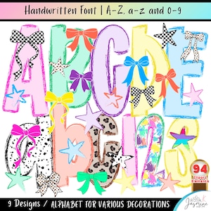 May include: A digital alphabet set featuring letters A-Z, a-z, and numbers 0-9 in various pastel colors and patterns. The collection includes decorative elements like bows and stars in leopard print, checkered, and solid colors. Text reads Handwritten Font | A-Z, a-z and 0-9, 9 Designs / ALPHABET FOR VARIOUS DECORATIONS, and 94 Clipart Elements.