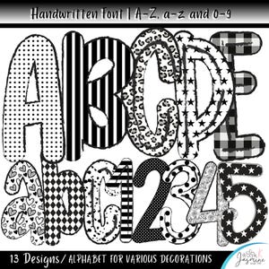 May include: A digital graphic set featuring the text Handwritten Font | A-Z, a-z and 0-9. The image displays uppercase and lowercase letters and numbers filled with various black and white patterns including polka dots, stripes, leopard print, stars, and hearts.