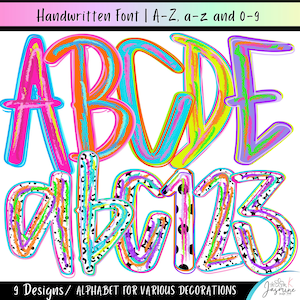Pode incluir: Fonte manuscrita colorida com o alfabeto e números. As letras e os números são em várias cores brilhantes com um contorno de néon. A imagem inclui o texto "Handwritten Font | A-Z, a-z and 0-9" e "9 Designs/ ALPHABET FOR VARIOUS DECORATIONS."