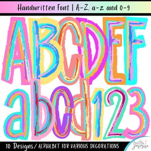 May include: A digital graphic featuring the text Handwritten Font | A-Z, a-z and 0-9 at the top and 10 Designs / ALPHABET FOR VARIOUS DECORATIONS at the bottom. The image displays colorful, brush-stroke style letters A, B, C, D, E, F, a, b, c, d and numbers 1, 2, 3 in shades of pink, yellow, orange, blue, and purple.