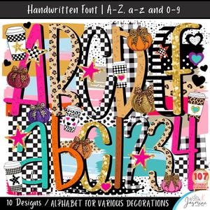Op de afbeelding: Een digitale grafische set met de tekst Handwritten Font | A-Z, a-z and 0-9 en 10 Designs / Alphabet for various decorations. De afbeelding toont letters en cijfers versierd met luipaardprint, gouden glitters en geblokte patronen.