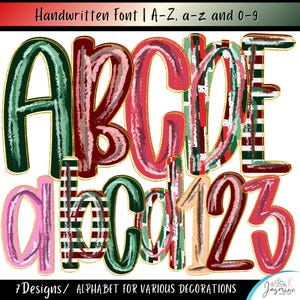 May include: A digital alphabet set featuring uppercase letters A through E, lowercase letters a through d, and numbers 1 through 3. Each character displays unique textures, including solid colors, stripes, and patterns in red, green, and pink with gold outlines.