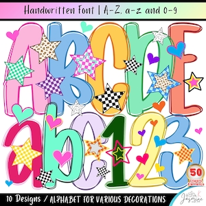 May include: A digital graphic set featuring a handwritten font with uppercase letters A-E, lowercase a-c, and numbers 1-3. The characters are colorful with outlines, decorated with various star shapes in leopard, checkered, and dotted patterns, and small hearts.