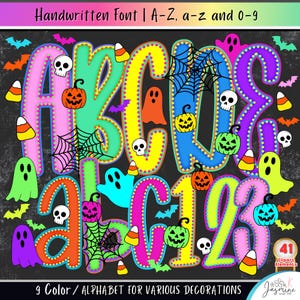 May include: A digital graphic set featuring a colorful handwritten alphabet and numbers 0-9 on a dark background. The letters and numbers are decorated with Halloween motifs including ghosts, pumpkins, skulls, spiderwebs, bats, and candy corn.