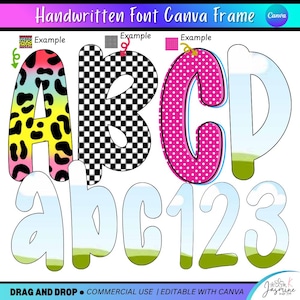 May include: A colorful digital design featuring letters and numbers in various styles. The letters A, B, C, and D showcase patterns like leopard print, checkered, and polka dots. The numbers 1, 2, and 3 have a sky and grass design. The text "Handwritten Font Canva Frame" is at the top.