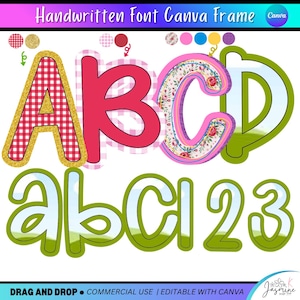 May include: A colorful digital design featuring the letters A, B, C, D, a, b, c, and the numbers 1, 2, 3. The letters have various patterns, including gingham, floral, and glitter. The words "Handwritten Font Canva Frame" and "DRAG AND DROP • COMMERCIAL USE | EDITABLE WITH CANVA" are also visible.