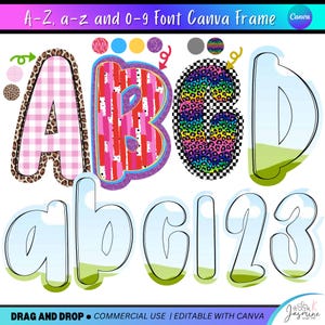 May include: A digital design featuring uppercase and lowercase letters, and numbers, with various patterns and colors. The letters A, B, C, and D are shown, along with the lowercase letters a, b, and c, and the numbers 1, 2, and 3. The text "A-Z, a-z and 0-9 Font Canva Frame" is at the top.