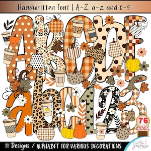 May include: A digital alphabet set featuring uppercase letters A-F, lowercase letters a-c, and numbers 1-3. The characters are decorated with autumn-themed patterns including pumpkins, coffee cups, leopard print, plaid, polka dots, and floral motifs.