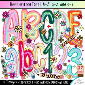 May include: A digital graphic set featuring colorful, textured letters and numbers from A-Z, a-z, and 0-9, decorated with small flower icons and star shapes. Several pencils with various patterns, including leopard print and checkers, are layered over the characters.