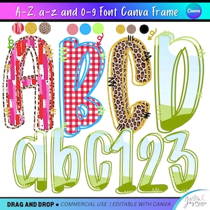 May include: A digital design featuring the letters A, B, C, D, and the numbers 1, 2, and 3, in both uppercase and lowercase. The letters and numbers have various patterns, including red gingham, leopard print, and watercolor effects. The text "A-Z, a-z and 0-9 Font Canva Frame" is at the top.