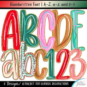 May include: A digital graphic set featuring the text Handwritten Font | A-Z, a-z and 0-9 at the top and 8 Designs / ALPHABET FOR VARIOUS DECORATIONS at the bottom. The image displays colorful, stylized letters and numbers with gold outlines.