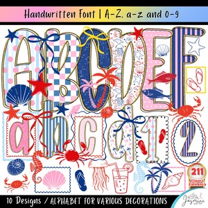 Può includere: Un set di alfabeto digitale a tema spiaggia. Le lettere maiuscole e minuscole, insieme ai numeri, presentano motivi come strisce, pois e motivi a conchiglia. L'immagine include il testo "Handwritten Font | A-Z, a-z and 0-9" e "10 Designs / ALPHABET FOR VARIOUS DECORATIONS."