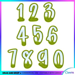 May include: A collection of numbers from 0 to 9, each with a white fill and a green border. The numbers have a cheerful, cartoonish design, suitable for educational resources or craft projects. The image also includes the text "DRAG AND DROP &bull; COMMERCIAL USE | EDITABLE WITH CANVA".