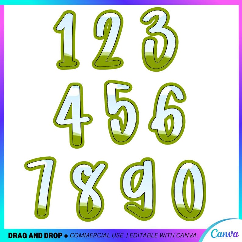May include: A collection of numbers from 0 to 9, each with a white fill and a green border. The numbers have a cheerful, cartoonish design, suitable for educational resources or craft projects. The image also includes the text "DRAG AND DROP &bull; COMMERCIAL USE | EDITABLE WITH CANVA".