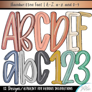 May include: A digital graphic set featuring a handwritten font with uppercase letters A-F, lowercase letters a-c, and numbers 1-3 in various colours including pink, orange, cream, yellow, blue, grey, and green. Text reads Handwritten Font | A-Z, a-z and 0-9.