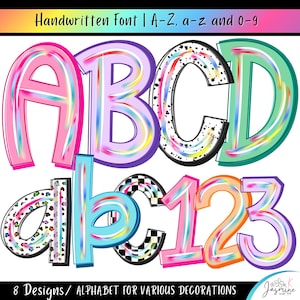Puede incluir: Conjunto de fuentes manuscritas coloridas con letras mayúsculas y minúsculas A-Z y números 0-9. Las letras y los números tienen varios diseños, incluyendo estampado de leopardo, patrones de cuadros y degradados de arcoíris. El texto "Handwritten Font" está en la parte superior.