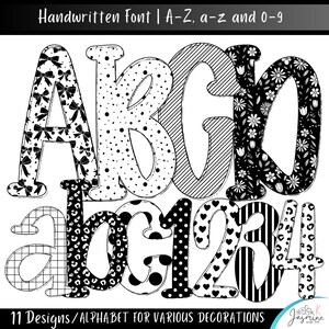 Black Letters Doodle Alphabet PNG, Preppy Checkered Alpha Set, Clipart Bundle Trendy, School Fonts,