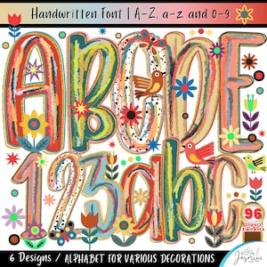 May include: A vibrant, handwritten font featuring the alphabet, numbers, and decorative elements. The letters and numbers are adorned with floral and avian motifs. The image includes the text "Handwritten Font | A-Z, a-z and 0-9" and "6 Designs / ALPHABET FOR VARIOUS DECORATIONS".