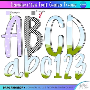 May include: A digital graphic featuring a handwritten font with uppercase and lowercase letters, and numbers. The letters have various designs, including polka dots, checkered patterns, and landscape fills. The text "Handwritten Font Canva Frame" is at the top.