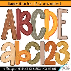 Puede incluir: Un conjunto gráfico digital que presenta una fuente manuscrita con letras mayúsculas A-E, minúsculas a-c y números 1-3 en tonos tierra cálidos que incluyen marrón, granate, oliva, naranja y beige. Texto: Handwritten Font | A-Z, a-z and 0-9.