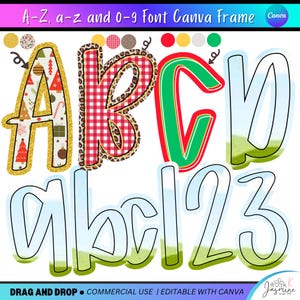 May include: A digital A-Z, a-z, and 0-9 font Canva frame set featuring customizable letters and numbers. The display shows uppercase letters A, B, C, D, and lowercase letters a, b, c, and numbers 1, 2, 3 with various patterns and outlines.