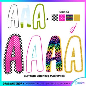 May include: A graphic showing the letter "A" in different designs, including polka dots, leopard print, and gold glitter. The image also features the text "Example" and "Customize with your own pattern."