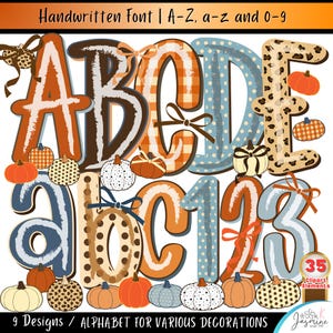 May include: A digital graphic set featuring the text Handwritten Font | A-Z, a-z and 0-9. The image displays uppercase and lowercase letters and numbers decorated with patterns like plaid, polka dots, and leopard print, accented with small pumpkins.