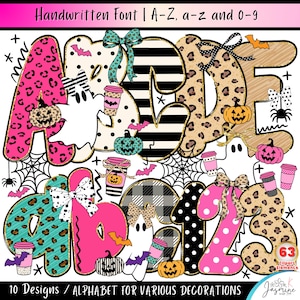 May include: A digital graphic set featuring an alphabet and numbers 0-9 in various patterns including leopard print, black and white stripes, polka dots, and plaid. The letters are decorated with ghosts, pumpkins, bats, spiders, and bows.