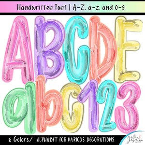 Pode incluir: Um conjunto digital de letras e números com as maiúsculas A a E, as minúsculas a a c e os números 1 a 3. Cada caractere apresenta uma textura em estilo aguarela nas cores rosa, roxo, turquesa, laranja, amarelo e verde.
