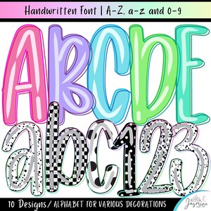 Pode incluir: Um conjunto de alfabeto digital com letras maiúsculas em rosa, roxo, azul e verde em estilo bolha. As letras minúsculas e os números 1-3 são exibidos em padrões preto e branco, incluindo xadrez, bolinhas e manchas.