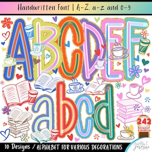 Alfabeto colorido e vibrante com estilo preppy de verão, perfeito para amantes de livros. Inclui letras e números, desenhos para sublimação, pinceladas e um toque de "devorador de livros".