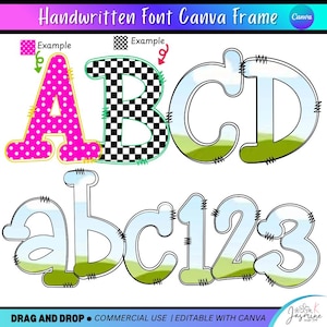 May include: A digital graphic featuring the letters A, B, C, D, a, b, c, 1, 2, and 3. The letters have various designs, including polka dots, checkered patterns, and a sky and grass theme. The text "Handwritten Font Canva Frame" is at the top.