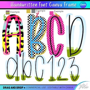 May include: A digital graphic featuring the letters A, B, C, D, a, b, c, and the numbers 1, 2, 3. The letters and numbers have various patterns, including leopard print, checkered, polka dots, and solid colors. The text "Handwritten Font Canva Frame" is at the top.