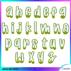 May include: A complete set of lowercase alphabet letters, each with a white fill and a green border. The letters are in a playful, rounded font, with a green gradient at the base of each letter. The background is white with a colourful gradient.