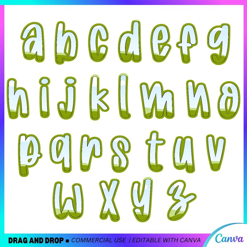 May include: A complete set of lowercase alphabet letters, each with a white fill and a green border. The letters are in a playful, rounded font, with a green gradient at the base of each letter. The background is white with a colourful gradient.