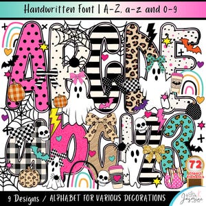 May include: A digital alphabet set featuring uppercase and lowercase letters and numbers 0-9 decorated with Halloween themes including ghosts, pumpkins, spiderwebs, bats, skulls, rainbows, leopard print, and bows in pink, black, and white.