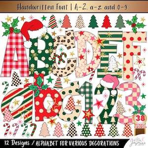May include: A digital alphabet and number set featuring letters A-F and a-c, numbers 1-3, and various Christmas-themed icons including Santa hats, holly, candy canes, and trees. The designs incorporate red, green, and beige patterns like plaid, polka dots, and leopard print.