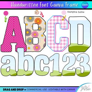 May include: Digital Canva frame featuring the letters A, B, C, D, a, b, c, and the numbers 1, 2, 3. The letters have various designs, including pink polka dots, floral patterns, and a gingham pattern. The text "Handwritten Font Canva Frame" is at the top.
