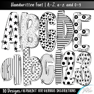 Preppy Black Doodle Letters Alphabet PNG, Preppy Checkered Alpha Set, Clipart Bundle Trendy, School Fonts,