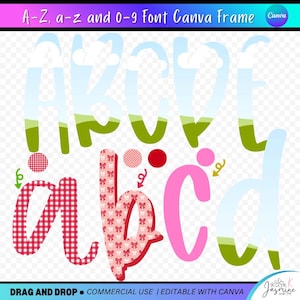Peut inclure: Graphique numérique présentant l'alphabet en majuscules et minuscules, ainsi que des chiffres. Les lettres 'a', 'b', 'c' et 'd' sont affichées dans différents styles, dont des motifs vichy et nœuds. Le texte en haut indique "A-Z, a-z and 0-9 Font Canva Frame".