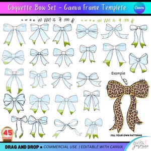 May include: A digital illustration featuring a collection of coquette-style bows in various designs. The bows are primarily light blue with green accents. An example bow with a leopard print is also shown. Text includes "Coquette Bow Set - Canva Frame Templete".