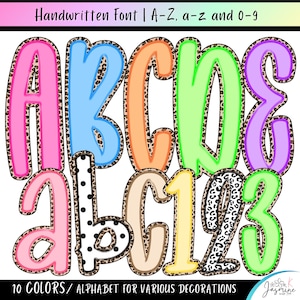 May include: A digital alphabet and number set featuring handwritten characters with a leopard print border. The letters A, B, C, D, E, a, c, 1, and 3 appear in various solid colours, while the letter b features a black polka dot pattern.
